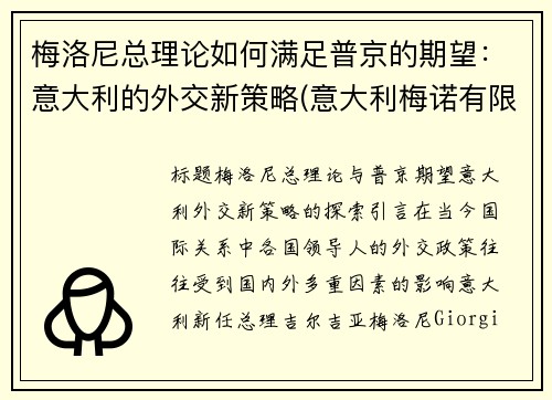 梅洛尼总理论如何满足普京的期望：意大利的外交新策略(意大利梅诺有限公司)