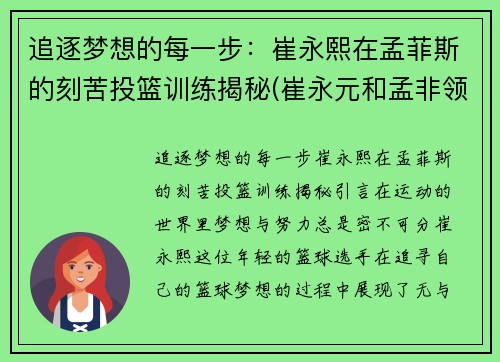 追逐梦想的每一步：崔永熙在孟菲斯的刻苦投篮训练揭秘(崔永元和孟非领奖视频)