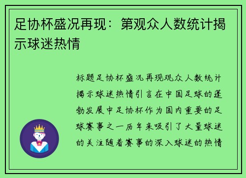 足协杯盛况再现：第观众人数统计揭示球迷热情